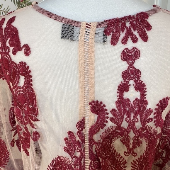 Minkpink Embroidered Sheer Mesh Top Pink Tulle Burgundy Trim Bell Sleeves Size S - Picture 9 of 14